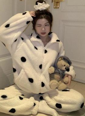 日本小众GP波点珊瑚绒睡衣女秋冬季加厚保暖法兰绒冬天家居服套装