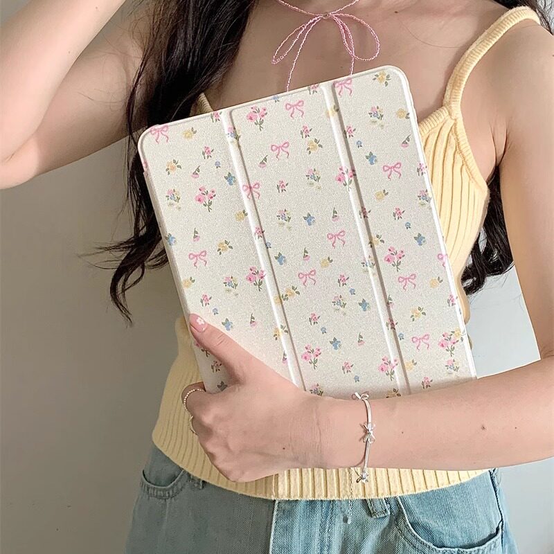 丝带黄色碎花适用苹果ipad10代平板保护套ipadair2024三折mini6/air5/air2镜面ipadpro2024时尚ipad9亚克力女