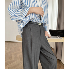 灰色西装阔腿裤女春秋款高腰垂感双褶小个子棉羊毛慵懒风直筒宽松