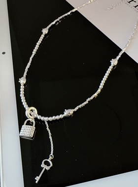 小众设计珍珠锁头银色锁骨链女
