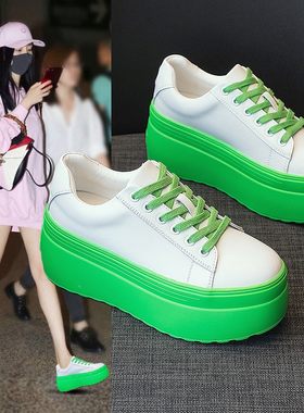 松糕底小白鞋女春绿色厚底内增高8cm时尚休闲摇摇鞋真皮33小码