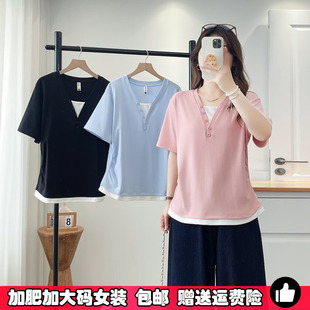 夏季大码胖MM收腰巨显瘦V领短袖T恤女士遮肚子假两件体恤爆款上衣