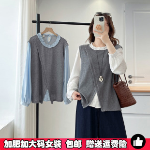 女装 胖mm宽松显瘦打底衫 花边假两件衬衫 新款 上衣 拼接卫衣春季 大码