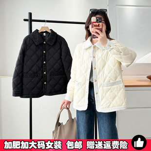胖mm大码 棉衣宽松显瘦200斤 小香风翻领菱格棉服外套女秋冬轻薄款