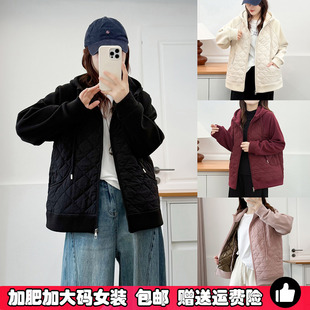 防风恒温连帽夹棉外套胖mm设计感拼接菱格夹棉衣服 秋冬季 大码 女装