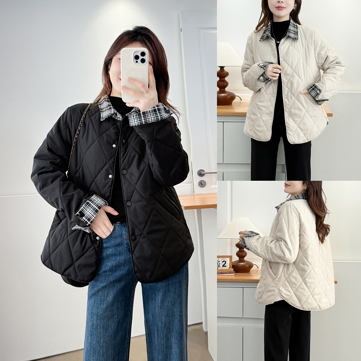 大码女装Polo领棉服女轻薄款棉衣