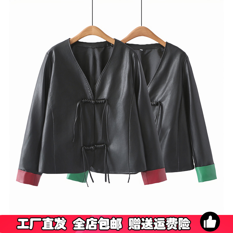国风新中式大码拼色皮衣外套女装秋季新款胖mm200斤显瘦夹克上衣