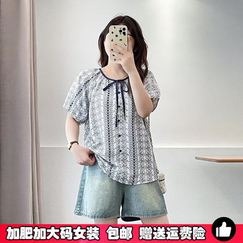 胖MM大码系带小清新短袖衬衫女夏
