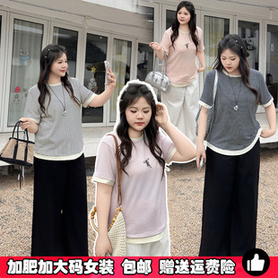 大码短袖女宽松韩版细条纹t恤港味复古胖MM上衣夏季简约体恤上衣