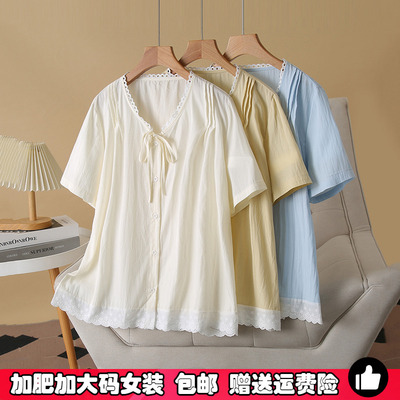 胖mm大码系带花边短袖衬衫女夏季