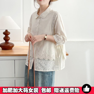 女士200斤胖mm减龄花边镂空打底衫 衬衫 上衣 假两件纯棉七分袖 大码