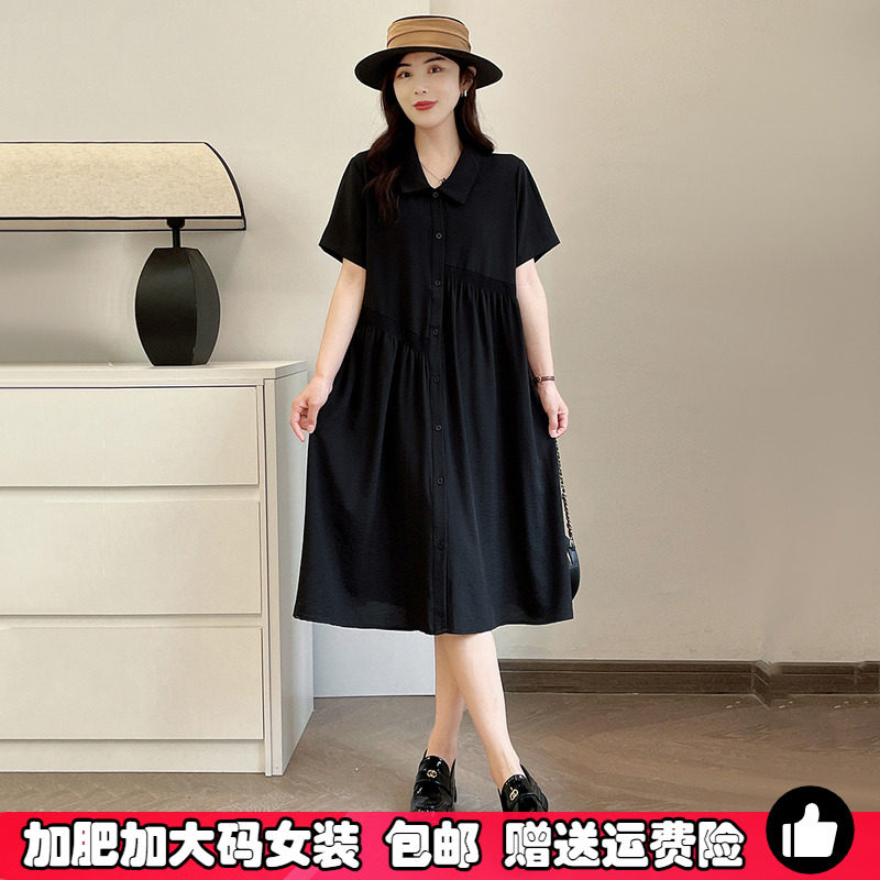 2024年夏季新款特大码中长款连衣裙女胖妹妹文艺风Polo领衬衫裙子