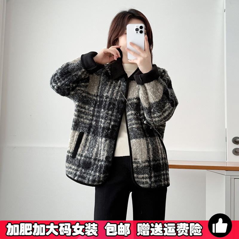 大码女装复古格子毛呢外套秋冬季