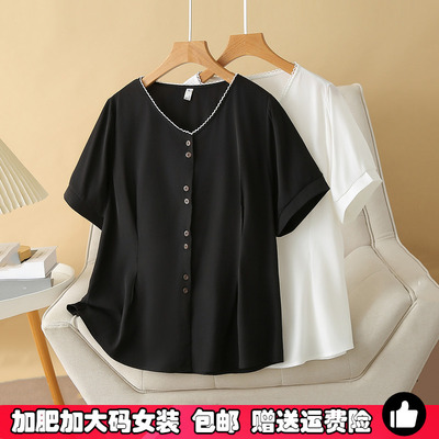 胖mm夏季短袖雪纺衬衫女大码小衫