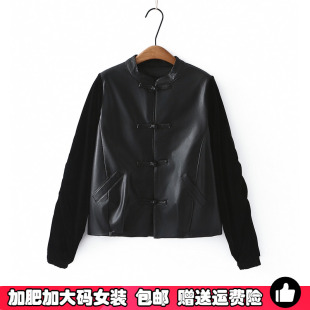 大码小香风金丝绒拼接皮衣外套女200斤胖MM秋季新款显瘦夹克上衣