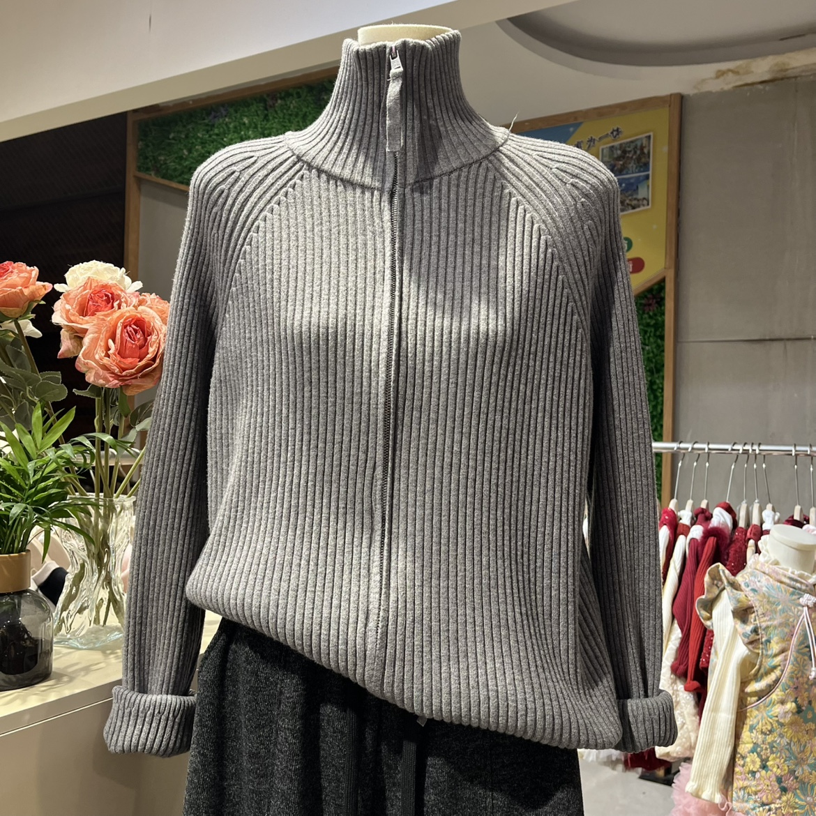 纯色双头拉链坑条高领毛衣外套女秋冬新款休闲慵懒风宽松针织开衫