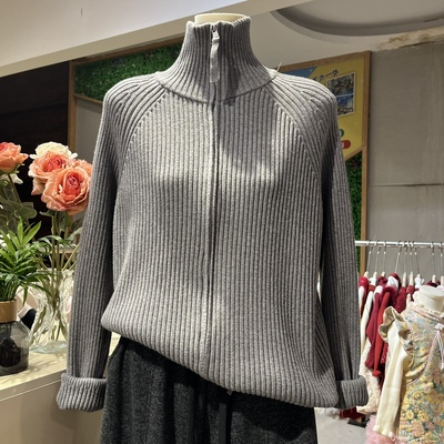 纯色双头拉链坑条高领毛衣外套女秋冬新款休闲慵懒风宽松针织开衫