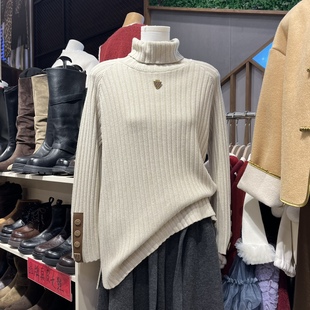 新款 打底衫 韩版 口重工皮扣高领毛衣女中长款 宽松袖 欧货2025秋冬季