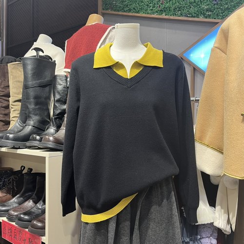 暖fufu假两件女装新款韩版宽松休闲翻领撞色长袖针织毛衣上衣女