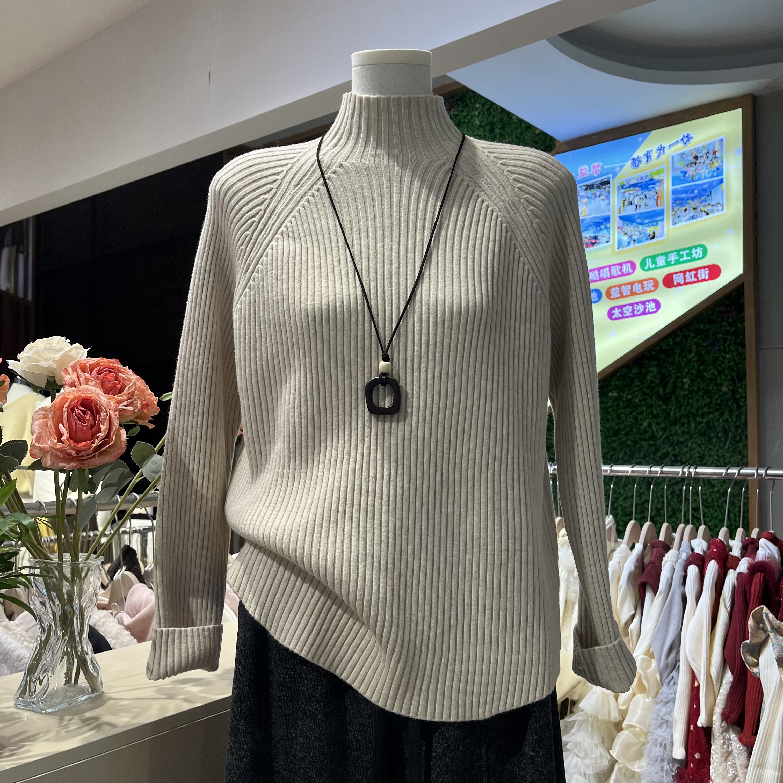 半高领坑条复古毛衣女春秋冬季宽松慵懒内搭上衣奶呼呼打底针织衫