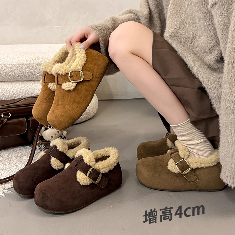 品牌撤柜真皮加绒勃肯鞋女秋冬毛毛鞋保暖防滑厚底雪地靴全包棉鞋