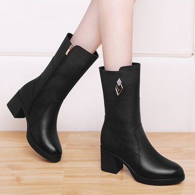 真皮中筒靴真皮秋冬季高跟中筒靴
