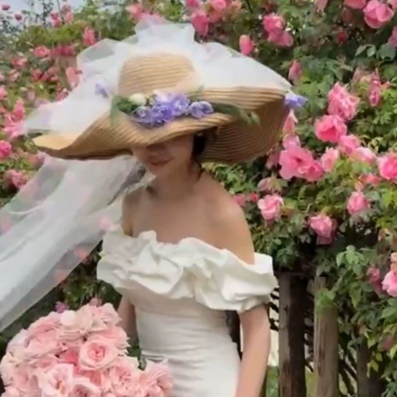 新品浪漫婚礼紫色花花大礼帽连纱