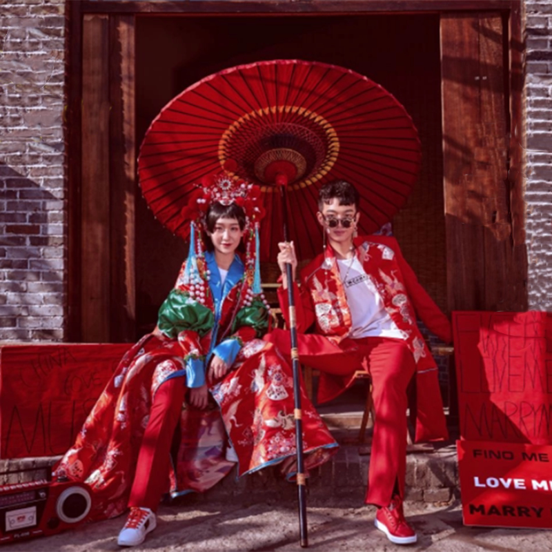 新款国潮婚纱摄影道具中国风红色古伞古装太子墨镜个性写真加大伞
