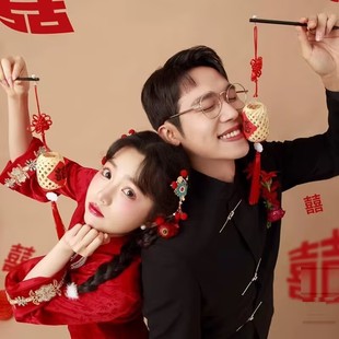 新中式喜嫁婚纱摄影拍照道具手提杆竹编喜字灯笼喜报长条喜字道具