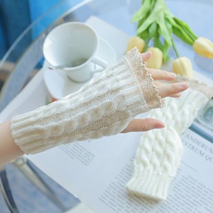 子保暖露指护手腕麻花 口蕾丝花边假袖 2025秋冬新款 毛线针织手套袖