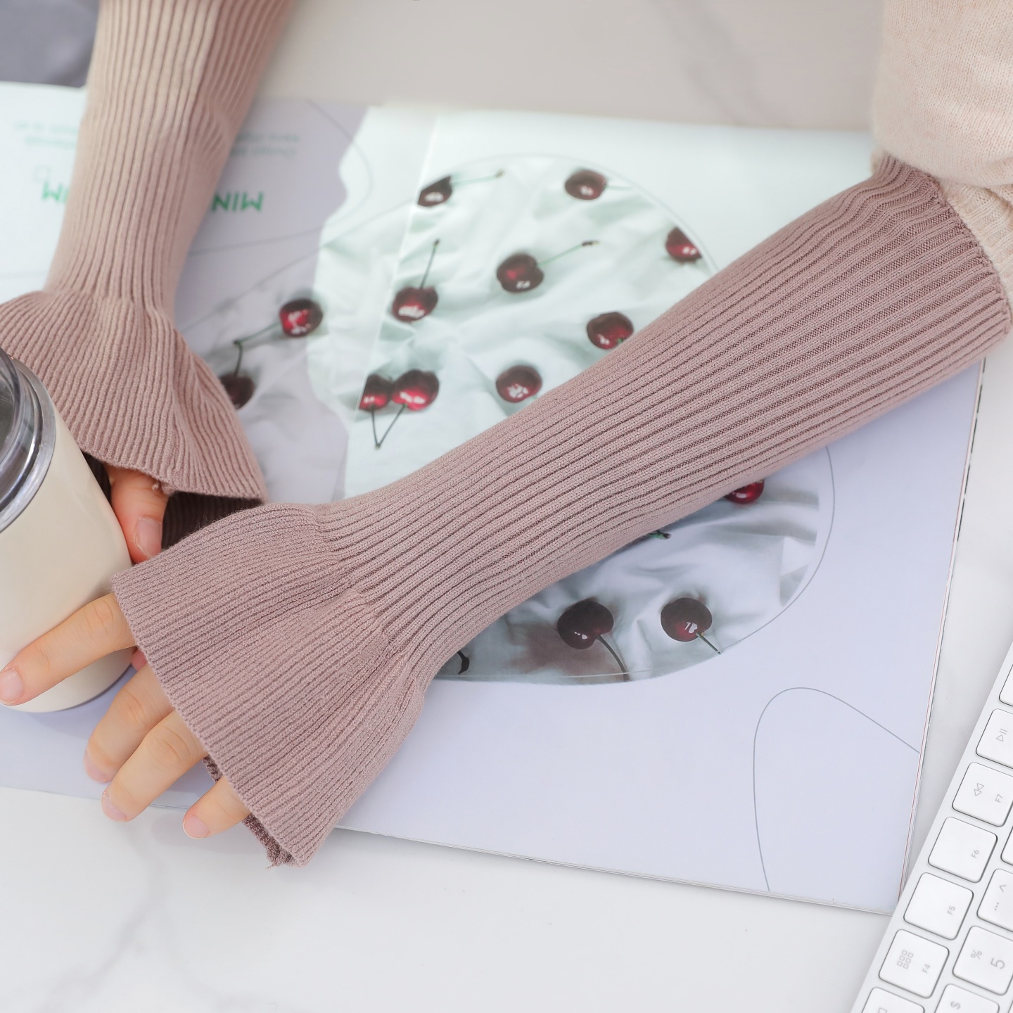 秋冬喇叭袖套保暖触屏半露指手臂套针织木耳边护手腕防寒假袖子女