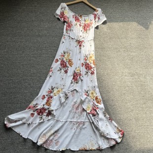 外贸女装夏季度假风沙滩裙一字领碎花连衣裙女不规则裙摆显瘦长裙