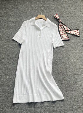 外贸女装夏季轻熟简约风女白色短袖翻领气质显瘦polo领针织连衣裙