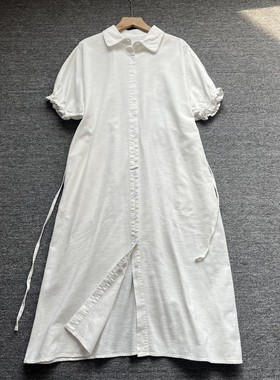 日系女装夏季通勤风白色衬衫连衣裙女翻领系带收腰中长款气质裙