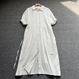 日系女装夏季通勤风白色衬衫连衣裙女翻领系带收腰中长款气质裙