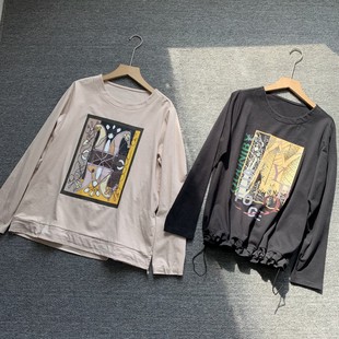 女装好货 韩式休闲风艺术印花长袖T恤女春宽松圆领下摆抽绳打底衫