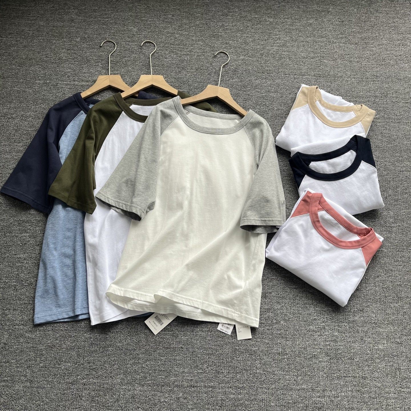 男女款高品质撞色插肩袖短袖T恤衫女宽松显瘦圆领拼色百搭上衣