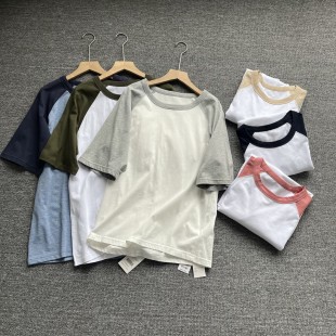男女款高品质撞色插肩袖短袖T恤衫女宽松显瘦圆领拼色百搭上衣