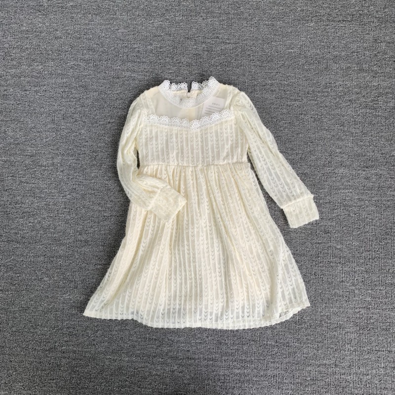 童装女童裙子春秋双层白色长袖连衣裙小童立领蕾丝长裙洋气公主裙