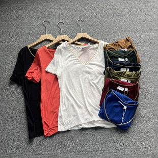 外贸女装夏季金边V领T恤衫女简约纯色短袖T恤弹力亲肤夏装上衣