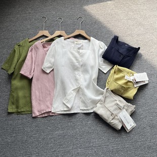 法式方领亚麻短袖衬衫女夏季薄款棉麻开衫正肩显瘦通勤百搭上衣