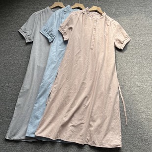 日系立领棉麻连衣裙女夏季新款休闲简约系带显瘦通勤百搭短袖裙子