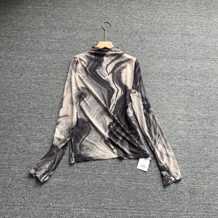 日单尾货 水墨晕染网纱长袖打底衫女春半高领木耳边微透内搭上衣