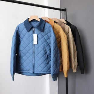 日单气绒夹棉女装冬季菱形格翻领拉链棉服宽松保暖夹克棉衣外套