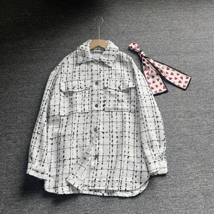春秋小香风格子粗花呢子外套女宽松显瘦中长款衬衫领气质上衣外套