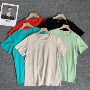 夏季 女冰丝短袖 纯色简约打底圆领宽松T恤上衣 丝光棉体恤衫 自留款