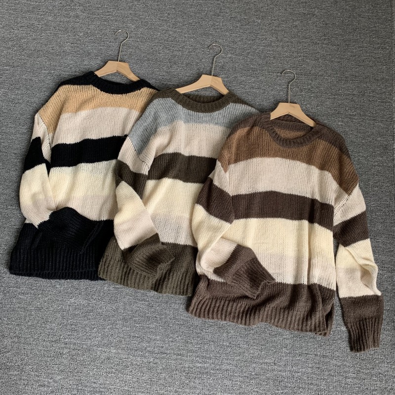 美拉德色系拼色圆领套头毛衣女秋季新款宽松慵懒风休闲软糯上衣