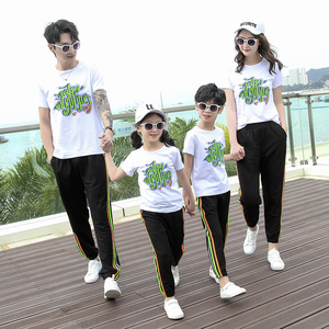 亲子装夏新款潮白色短袖黑色长裤一家三四口大码幼儿园运动会套装