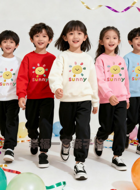 橙色亲子装一家四口加绒卫衣中小学生运动会集体活动幼儿园班服潮