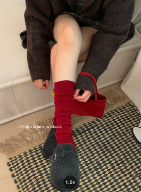 “限定复古红小腿袜”新年圣诞红色中长筒堆堆袜子女百搭显白勃肯